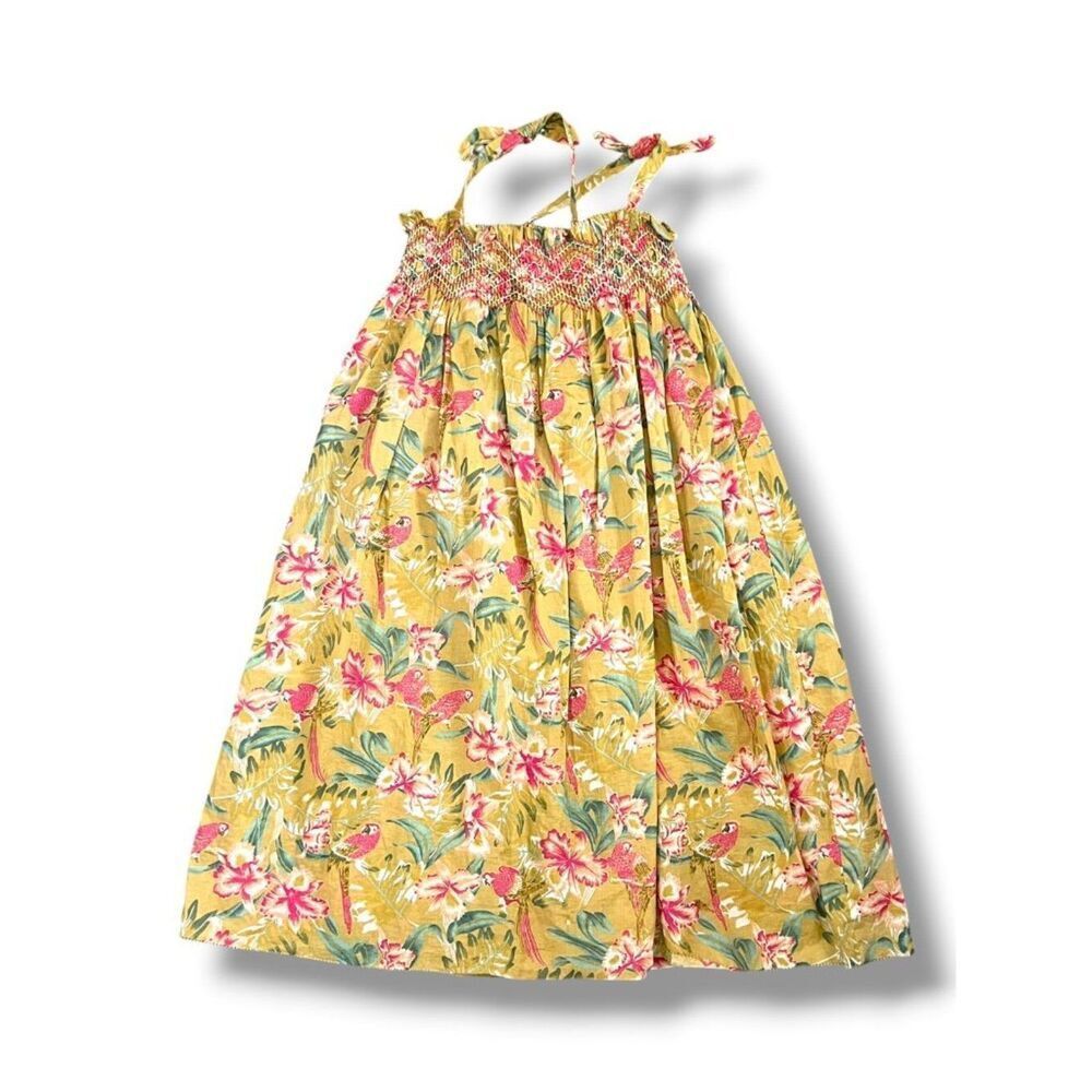 Louise Misha Marceline Soft Honey Parrots Smocked Ruffle Gold Yellow Dress 5Y